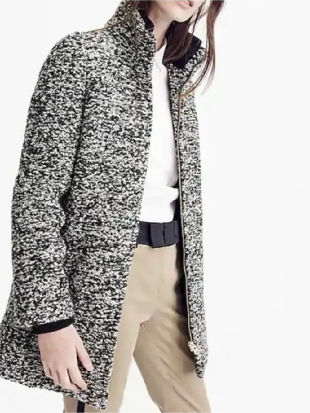 J.Crew Lodge Coat Women’s 6 Black White Bouclé Italian Wool Speckled Zip Jacket